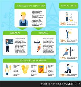 Electricity Flat Infographic Poster. Electricity flat infographic poster presenting electrician service by various elements on transparent background isolated vector illustration