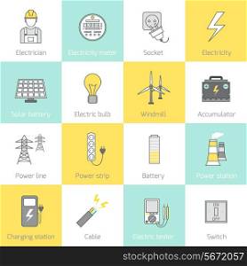 Electricity flat line icons set with socket solar battery windmill vector illustration