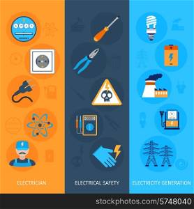 Electricity flat vertical banners set with electrician electrical safety generation elements isolated vector illustration