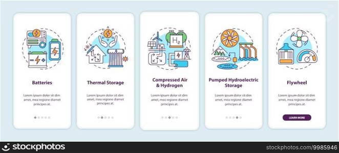 Electricity from generator onboarding mobile app page screen with concepts. Energy storage technologies energy walkthrough 5 steps graphic instructions. UI vector template with RGB color illustrations. Electricity from generator onboarding mobile app page screen with concepts