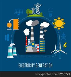 Electricity Generation Flat Composition. Electricity generation composition with fuel power plant, electrical pylons, solar panels on blue background flat vector illustration