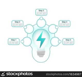 Electricity generation infographic chart design template. Abstract infochart with copy space. Instructional graphics with 5 step sequence. Visual data presentation. Roboto Medium, Light fonts used. Electricity generation infographic chart design template