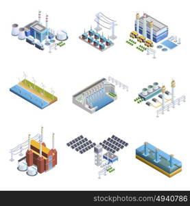 Electricity Generation Plants Images Set. Isometric images set of different types of electricity generation plants from gas turbine to solar isolated vector illustration