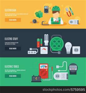Electricity horizontal banner set with electrician electro stuff flat elements isolated vector illustration