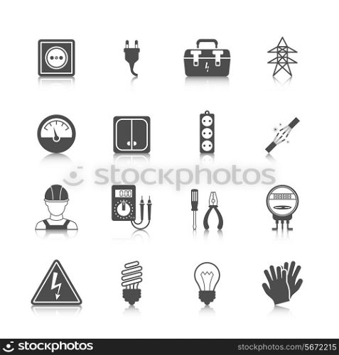Electricity icon black set with plug socket power station isolated vector illustration