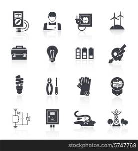 Electricity icon black set with toolbox lamp charge warning sign isolated vector illustration