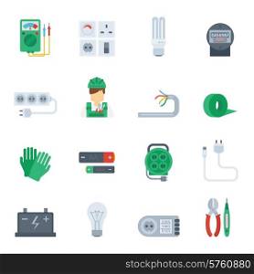 Electricity icon flat set with electrician tools plug pliers isolated vector illustration. Electricity Icon Flat Set