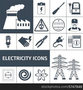 Electricity icons black set with power plant battery screwdriver multimeter isolated vector illustration