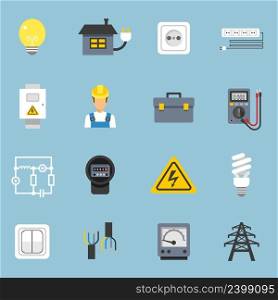 Electricity icons set with current and sockets symbols on blue background flat isolated vector illustration . Electricity Icons Set