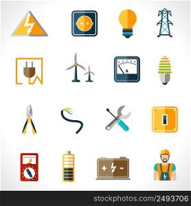 Electricity icons set with tester engineer socket electric power equipment isolated vector illustration