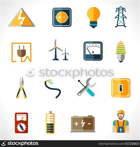 Electricity icons set with tester engineer socket electric power equipment isolated vector illustration