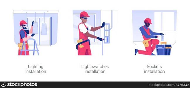 Electricity installation isolated concept vector illustration set. Lighting installation, light switches, contractor plugs socket and l&s in a new home, interior works vector cartoon.. Electricity installation isolated concept vector illustrations.