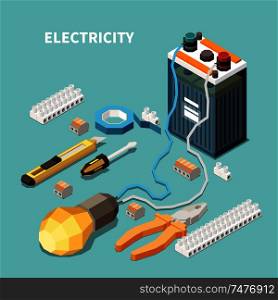 Electricity isometric composition with images of electric equipment and tools with accumulator battery connected to lamp vector illustration
