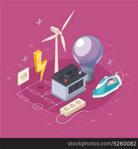 Electricity Isometric Concept. Electricity isometric concept with socket and domestic appliances symbols vector illustration