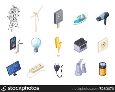 Electricity Isometric Icons Set. Electricity isometric icons set with socket and battery isolated vector illustration