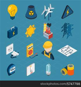 Electricity isometric icons set with lightbulb windmill electrician toolbox isolated vector illustration