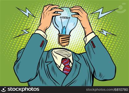 Electricity light bulb instead of head. Vintage pop art retro illustration. Energy and new green technologies. Electricity light bulb instead of head