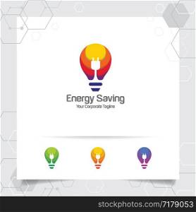 Electricity logo bulb design concept of electric plug vector and lamp icon. Energy logo used for power plants and electric product.