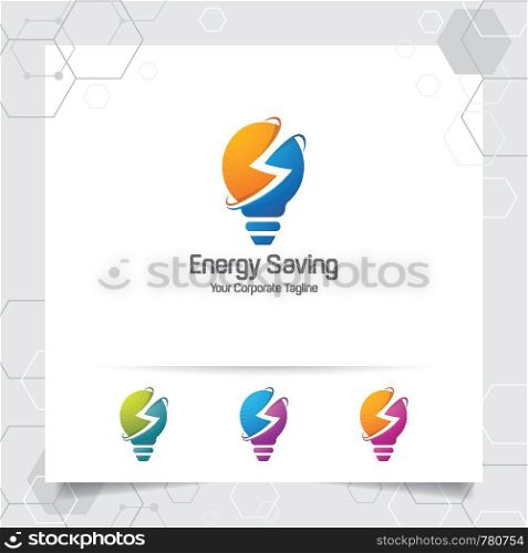Electricity logo bulb design concept of electric symbol vector and lamp icon. Energy logo used for power plants and electric product.