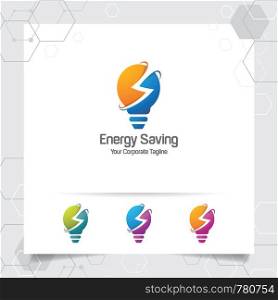 Electricity logo bulb design concept of electric symbol vector and lamp icon. Energy logo used for power plants and electric product.
