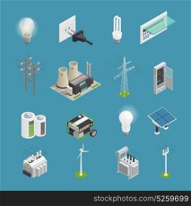 Electricity Power Icons Isometric Collection. Power icons isometric set with electrical connector socket plug bulb and windmill energy generator isolated vector illustration