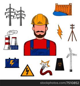 Electricity power industry sketch with electric station, hydro and wind energy, nuclear power plant, power lines and pylon, battery and danger warning sign with professional electrician in helmet. Electricity industry sketch with power icons