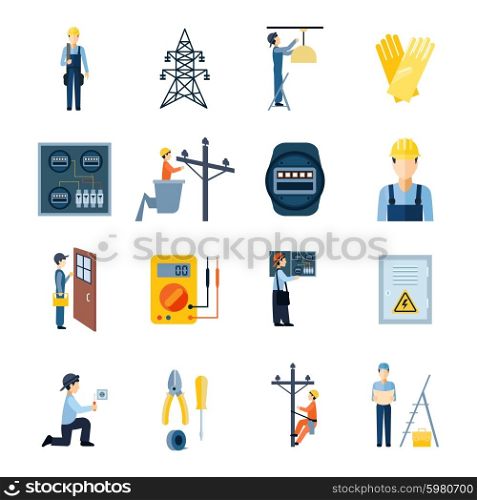 Electricity Repairmen Icons Set . Flat icons set of repairmen electricians handymen figures and electric equipments isolated vector illustration