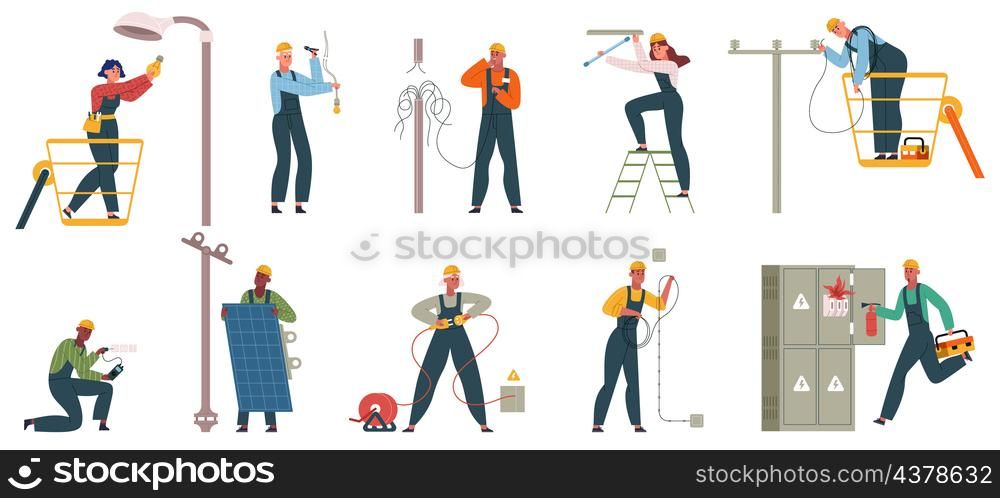 Electricity workers repair power line, changing lamp bulb. Professional electricity workers service power grids vector illustration set. Electricity repairman workflow. Fixing electrical wiring system. Electricity workers repair power line, changing lamp bulb. Professional electricity workers service power grids vector illustration set. Electricity repairman workflow