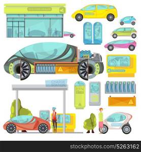 Electro Car Flat Set. Big colorful flat set of eco electro cars and charge stations isolated on white background vector illustration