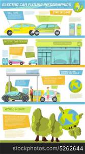 Electro Car Infographics. Flat infographics giving information about types of eco friendly electro cars their dealer and charge stations vector illustration
