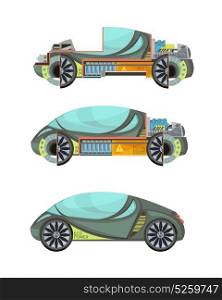 Electro Cars Set. Colorful eco friendly electro cars set isolated on white background vector illustration