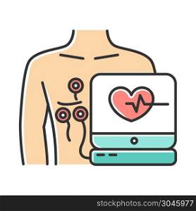 Electrocardiogram color icon. Heart disease examination. Pulse rate on screen. Cardiology, cardiograph. Medical nonsurgical procedure. Professional clinical aid. Isolated vector illustration