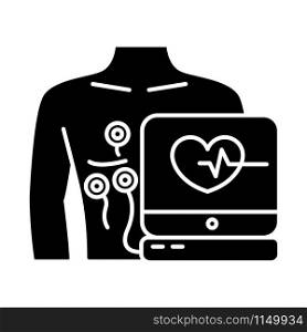 Electrocardiogram glyph icon. Heart disease examination. Pulse rate on screen. Cardiology, cardiograph. Medical nonsurgical procedure. Silhouette symbol. Negative space. Vector isolated illustration