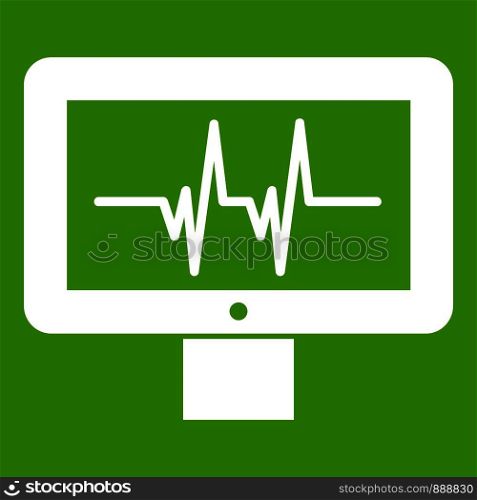 Electrocardiogram monitor icon white isolated on green background. Vector illustration. Electrocardiogram monitor icon green