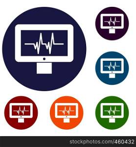 Electrocardiogram monitor icons set in flat circle reb, blue and green color for web. Electrocardiogram monitor icons set