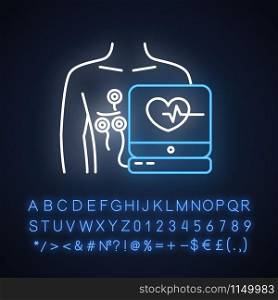 Electrocardiogram neon light icon. Heart disease examination. Pulse on screen. Cardiology, cardiograph. Medical procedure. Glowing sign with alphabet, numbers and symbols. Vector isolated illustration