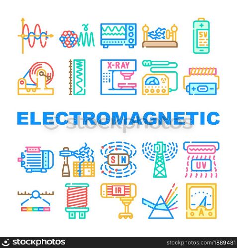 Electromagnetic Science Physics Icons Set Vector. Electromagnetic And Ultraviolet Waves, X-ray Electronic Equipment And Spectrum Range, Prism Light And Sv Battery Line. Color Illustrations. Electromagnetic Science Physics Icons Set Vector