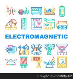 Electromagnetic Science Physics Icons Set Vector. Electromagnetic And Ultraviolet Waves, X-ray Electronic Equipment And Spectrum Range, Prism Light And Sv Battery Line. Color Illustrations. Electromagnetic Science Physics Icons Set Vector