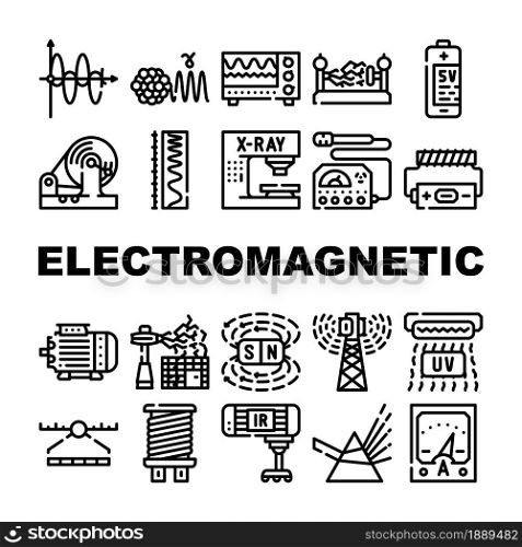 Electromagnetic Science Physics Icons Set Vector. Electromagnetic And Ultraviolet Waves, X-ray Electronic Equipment And Spectrum Range, Prism Light And Sv Battery Contour Illustrations. Electromagnetic Science Physics Icons Set Vector