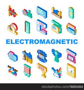 Electromagnetic Science Physics Icons Set Vector. Electromagnetic And Ultraviolet Waves, X-ray Electronic Equipment And Spectrum Range, Prism Light And Sv Battery Isometric Sign Color Illustrations. Electromagnetic Science Physics Icons Set Vector