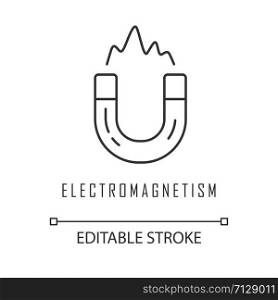 Electromagnetism linear icon. Electromagnetic force. Magnetic field physical phenomena. Horseshoe magnet. Thin line illustration. Contour symbol. Vector isolated outline drawing. Editable stroke