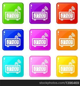 Electronic alarm clock icons set 9 color collection isolated on white for any design. Electronic alarm clock icons set 9 color collection
