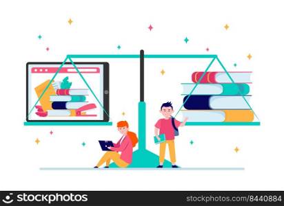 Electronic and paper books comparison. Internet, tablet, scale flat vector illustration. Knowledge and education concept for banner, website design or landing web page