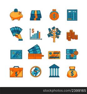 Electronic and traditional methods of money saving deposit and transfer flat icons set abstract vector isolated illustration. Finance business flat icons set