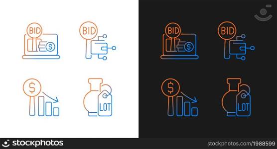 Electronic auctioning gradient icons set for dark and light mode. Online bargain. Dutch auction. Thin line contour symbols bundle. Isolated vector outline illustrations collection on black and white. Electronic auctioning gradient icons set for dark and light mode