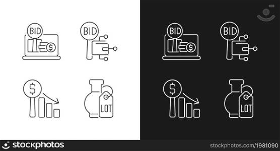 Electronic auctioning linear icons set for dark and light mode. Online bargaining. Bidding for fine art objects. Customizable thin line symbols. Isolated vector outline illustrations. Editable stroke. Electronic auctioning linear icons set for dark and light mode