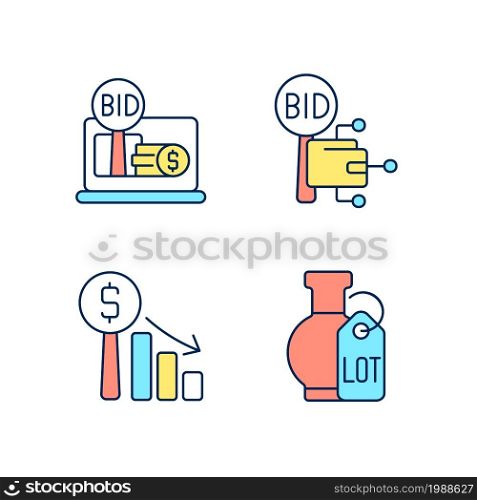 Electronic auctioning RGB color icons set. Online bargaining. Dutch auction. Bidding for fine art objects. Isolated vector illustrations. Simple filled line drawings collection. Editable stroke. Electronic auctioning RGB color icons set