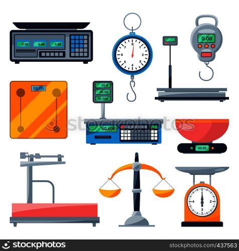 Electronic, balance and other types of scales. Vector illustrations isolate. Sport and kitchen scales in cartoon style. Electronic, balance and other types of scales. Vector illustrations isolate