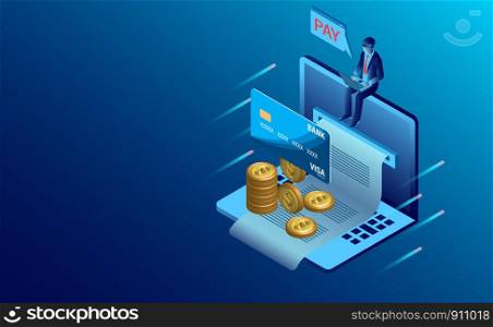 electronic bill payment, paper receipt flat isometric vector. of computer payment, shoping, banking.