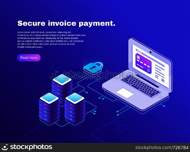 Electronic billing connection of laptop and database. Secure invoice payment. Electronics internet online financial tax transaction bill realistic 3d isometric vector concept on dark blue background. Electronic billing connection of laptop and database. Secure invoice payment. Electronics transaction bill 3d isometric vector concept
